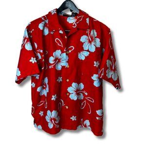 Anchor Blue Hawaiian Shirt Men’s XL Red Floral Aloha Button Front Short Sleeve